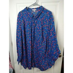Woman Within 34/36 Collared Button Shirt Floral Long Sleeve Blue Floral...